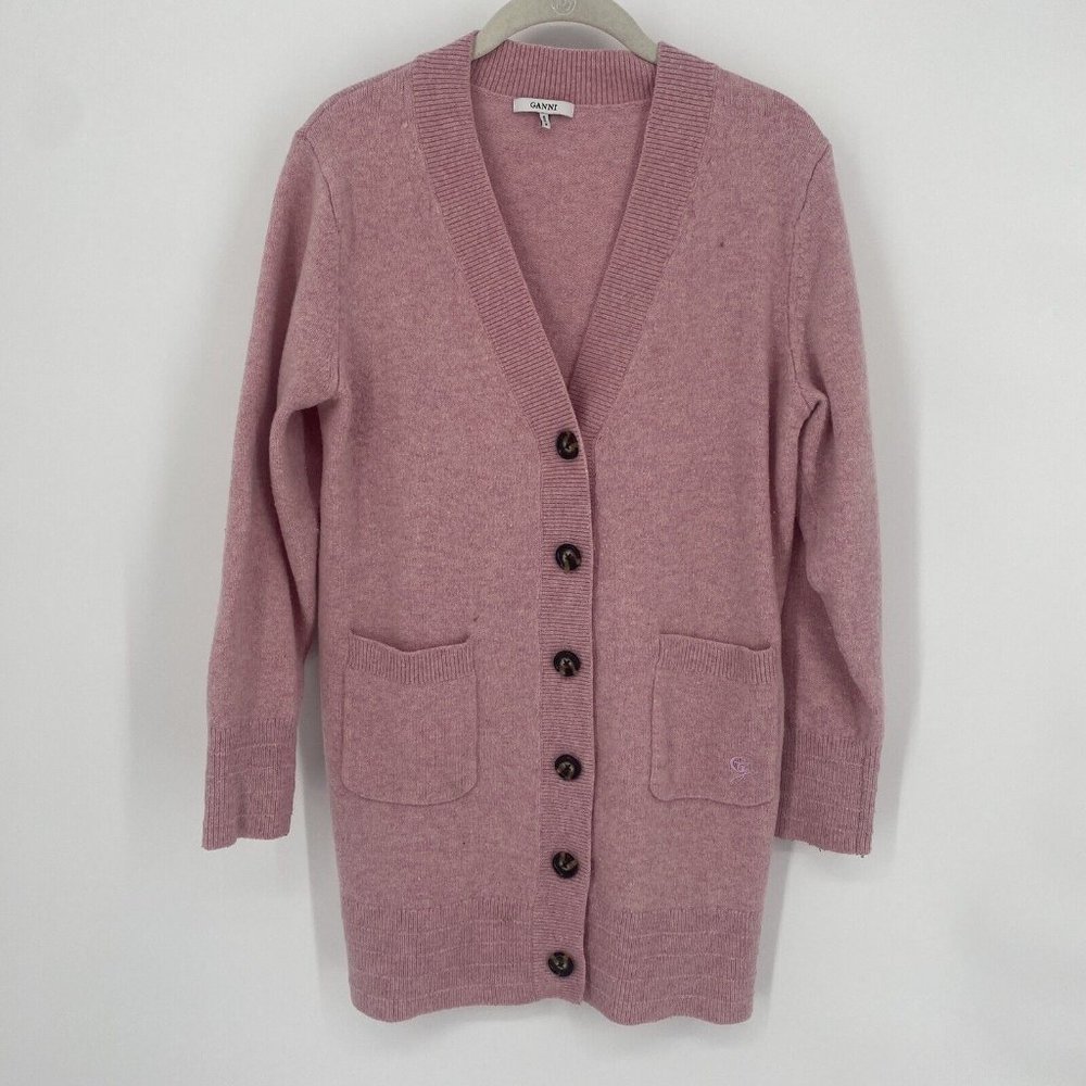 Ganni sweater women’s large L pink wool blend longline cardigan barbiecore knit